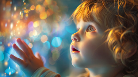 Spark curiosity and wonder. wide eyes, outstretched hands, a child captivated by a museum exhibit.の素材
