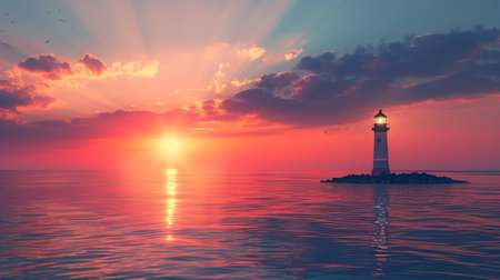 Lighthouse silhouette against vibrant sunset.の素材