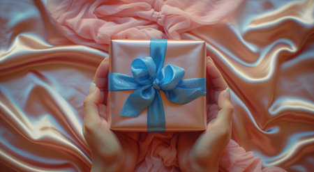 two hands holding a pink present with blue ribbon.の素材