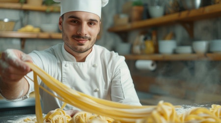 Young chef preparing pasta in his kitchen making.の素材