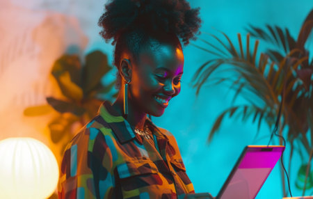 young smiling girl standing at desk with tablet for writing.の素材