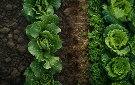 various different types of lettuce with rows in the field.の素材