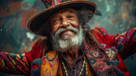 the essence of a street performer. vibrant costume, lively expression.の素材