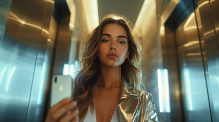 Young beautiful girl in a shiny top takes a selfie while standing in an elevator.の素材