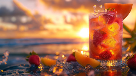 Quench the thirst with a taste of paradise: colorful cocktail garnished with tropical fruits.の素材