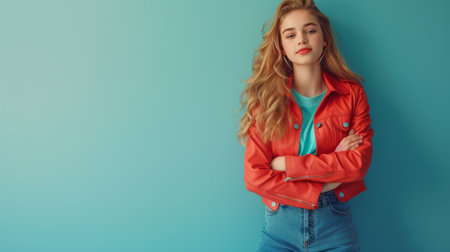 A young beautiful girl in a red biker jacket and blue jeans stands on a bright background and looks at camera.の素材
