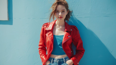 A young beautiful girl in a red biker jacket and blue jeans stands on a bright background and looks at camera.の素材