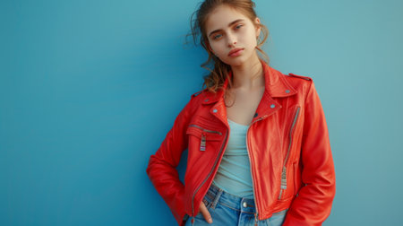 A young beautiful girl in a red biker jacket and blue jeans stands on a bright background and looks at camera.の素材