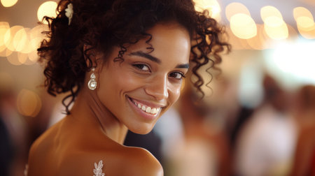 A joyful moment captured at a wedding celebration, with smiles and laughter abound as the happy couple dances.の素材