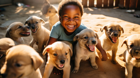 A young boy grins with excitement as he plays with a playful and energetic litter of puppies.の素材