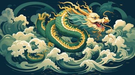 A regal green and gold Chinese dragon, surrounded by swirling clouds and set against a deep blue backgroundの素材