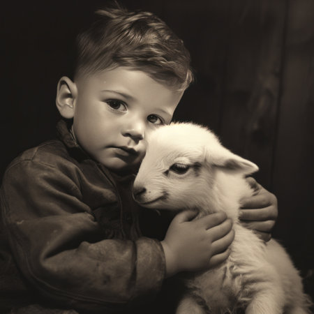 A young boy softly strokes the downy fur of a baby lamb nestled contentedly on his lap.の素材