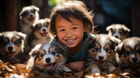 A young boy grins with excitement as he plays with a playful and energetic litter of puppies.の素材