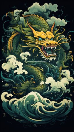 A regal green and gold Chinese dragon, surrounded by swirling clouds and set against a deep blue backgroundの素材