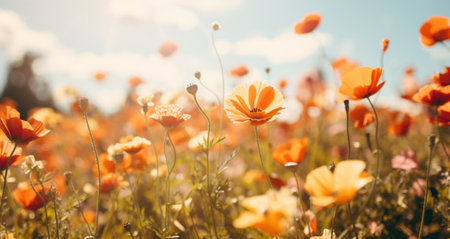 a spring flower field on sunny dayの素材
