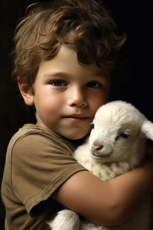 A young boy softly strokes the downy fur of a baby lamb nestled contentedly on his lap.の素材