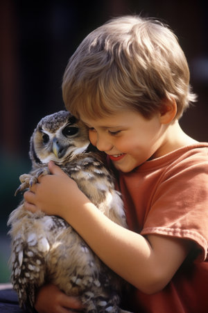 A young boy tenderly strokes the soft feathers of a baby owl perched on his arm.の素材