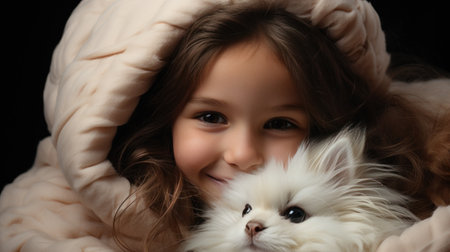 A young girl gently cradles a fluffy white bunny, both with peaceful expressions on their faces.の素材