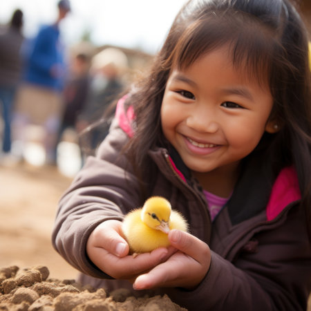 A young girl beams with pride as she carefully balances a small and wobbly duckling in her palmの素材