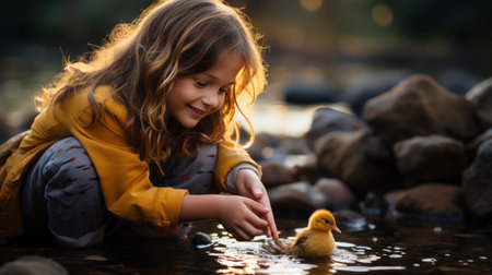 A young girl beams with pride as she carefully balances a small and wobbly duckling in her palmの素材