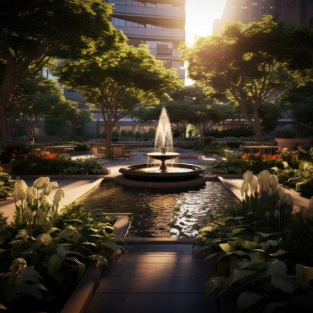 hidden garden oasis in the heart of the city, with blooming flowersの素材