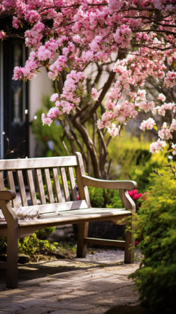 An inviting spring garden with a wooden bench and a blooming tree in the background,の素材