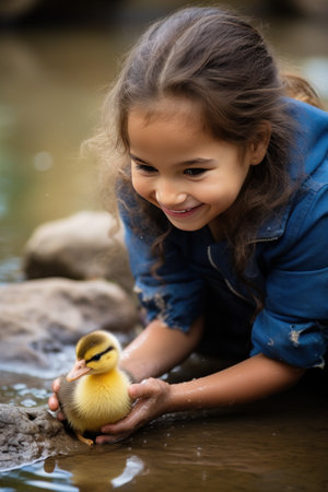 A young girl beams with pride as she carefully balances a small and wobbly duckling in her palmの素材