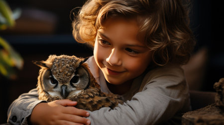 A young boy tenderly strokes the soft feathers of a baby owl perched on his arm.の素材