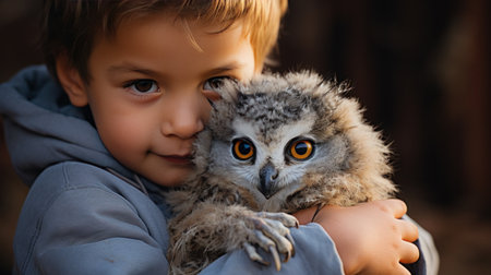 A young boy tenderly strokes the soft feathers of a baby owl perched on his arm.の素材