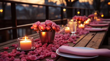 A rustic wooden table adorned with red and pink flowers,の素材