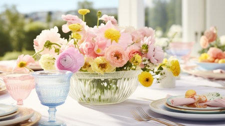 A table decorated with fresh flowers and pastel-colored tableware invites guests to a lively spring gathering.の素材