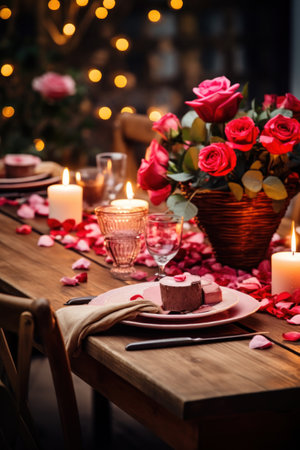 A rustic wooden table adorned with red and pink flowers,の素材