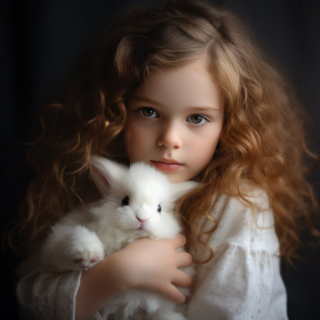 A young girl gently cradles a fluffy white bunny, both with peaceful expressions on their faces.の素材