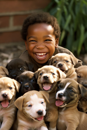 A young boy grins with excitement as he plays with a playful and energetic litter of puppies.の素材