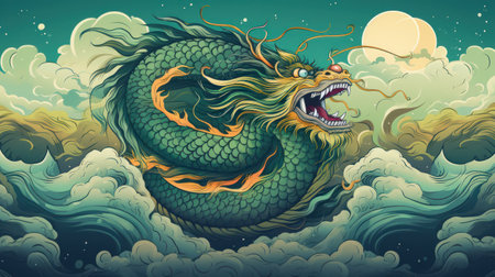 A regal green and gold Chinese dragon, surrounded by swirling clouds and set against a deep blue backgroundの素材