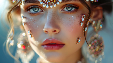 A close-up of statement jewelry, sparkling gems and precious metals adorning the wearer like wearable art.の素材