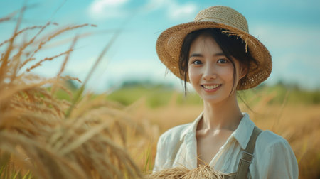 A woman collects rice in a rice fieldの素材
