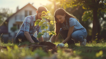 A young beautiful couple plants a tree in their gardenの素材