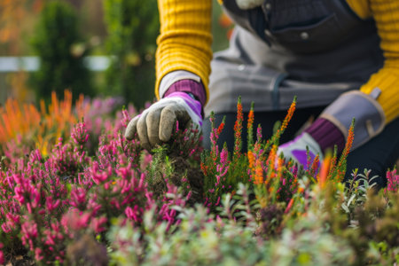 A woman is planting autumn heats in the gardenの素材