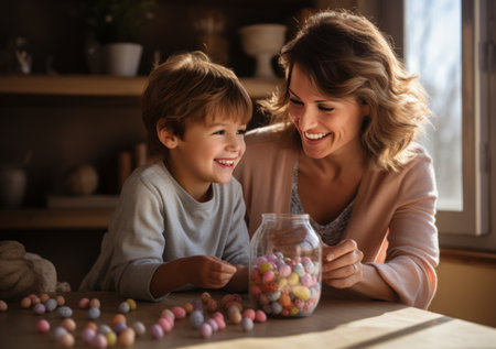 a woman showing her son the easter basket.の素材