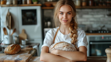 A woman stands in the kitchenの素材