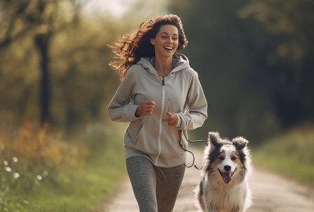 a woman running with her dog on a leashの素材