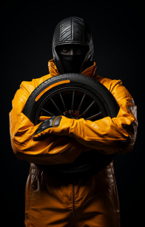 a person holding a tire with gloves.の素材