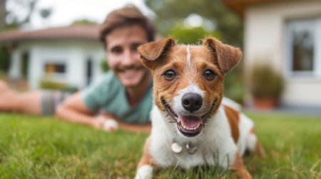 A young handsome man plays catch with his Jack Russell dog on the lawn of his home.の素材