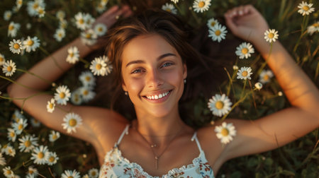 A young beautiful woman with dark hair lies on her back in a field of daisies with her arms outstretched to the side.の素材
