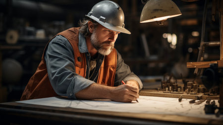 Concentrated carpenter in hardhat drafting plans in workshopの素材