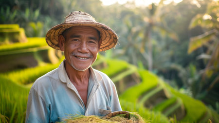 Cheerful farmer with rice harvest in a sunlit fieldの素材