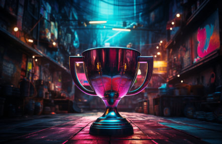 A sleek black trophy basks in vibrant neon glows, symbolizing victory in a high-tech realm.の素材