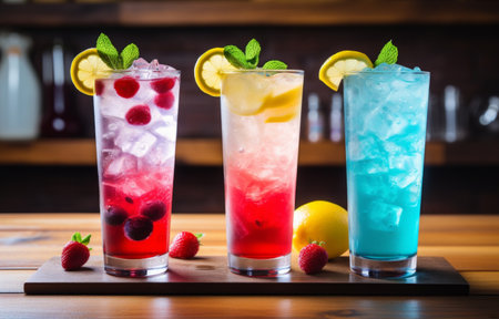 Tall glasses of chilled red, yellow, and blue drinks adorned with fruit and mintの素材