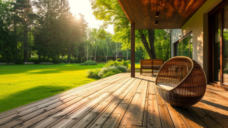 A wooden terrace overlooking a morning garden view.の素材